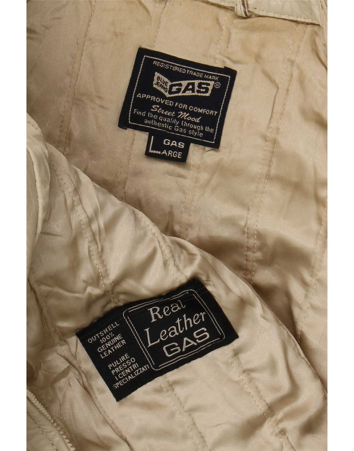 Gas Mens Leather Racer Jacket UK 40 Large Beige Colourblock