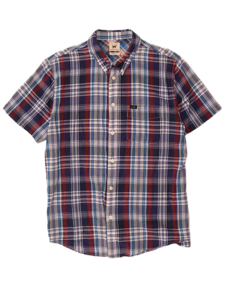 LEE Mens Short Sleeve Regular Fit Shirt Large Navy Blue Check Cotton