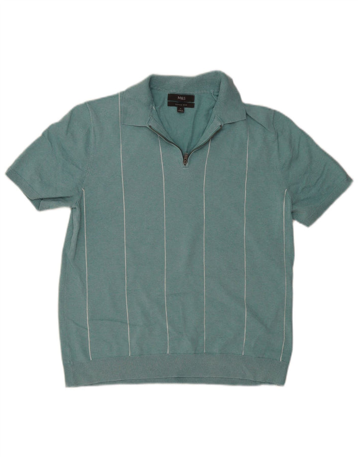 Marks & Spencer Mens Short Sleeve Polo Shirt Medium Turquoise Striped