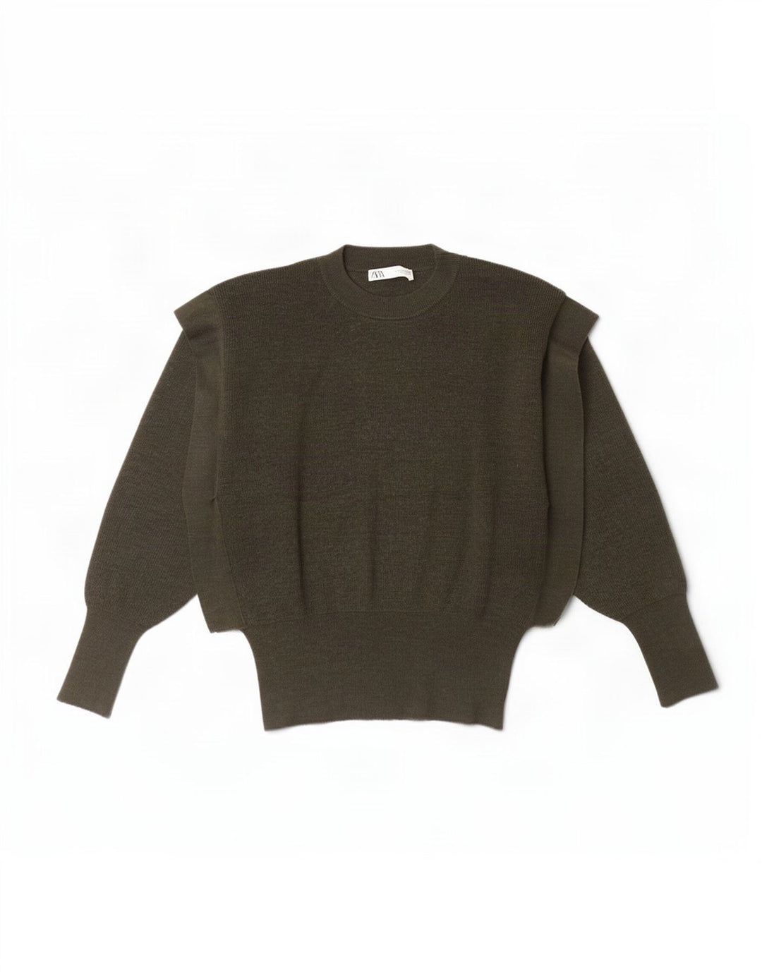 Zara Womens Batwing Crew Neck Jumper Sweater UK 10 Small Khaki Wool