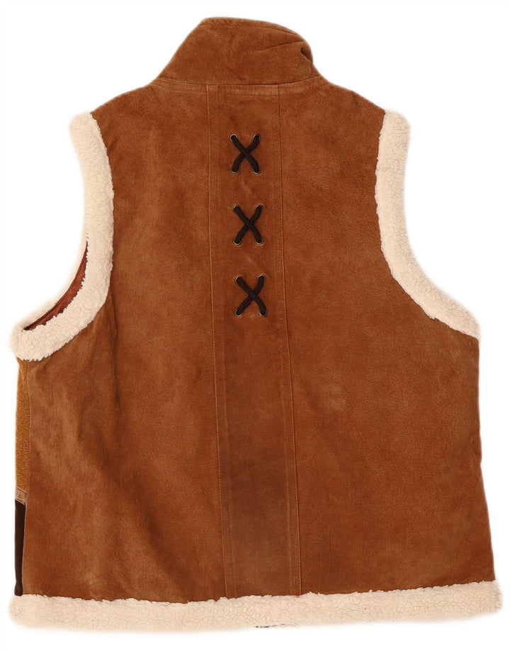 Vintage Womens Suede Gilet UK 14 Medium Brown Geometric Leather