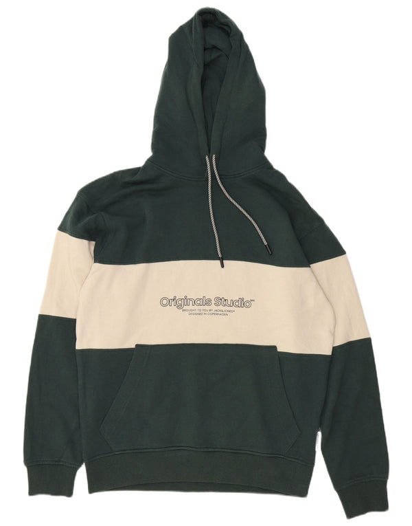 Jack & Jones Mens Graphic Hoodie Jumper Medium Green Colourblock Cotton