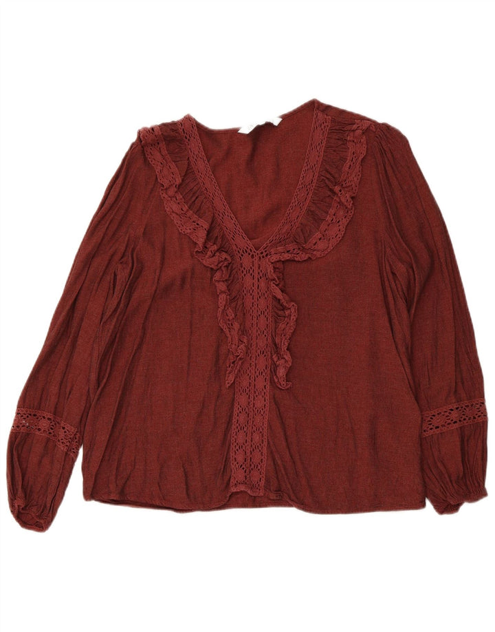 Zara Womens Ruffle Front Long Sleeve Blouse Top UK 12 Medium Maroon