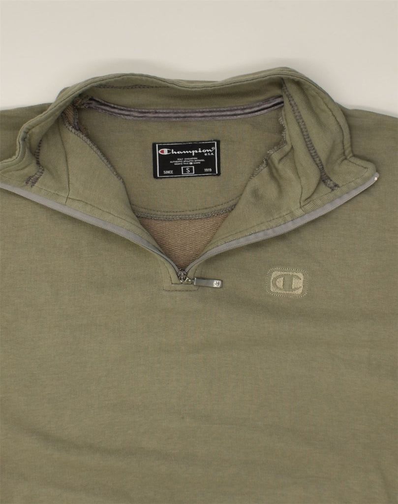 CHAMPION Mens Zip Neck Sweatshirt Jumper Small Khaki Cotton | Vintage Champion | Thrift | Second-Hand Champion | Used Clothing | Messina Hembry 