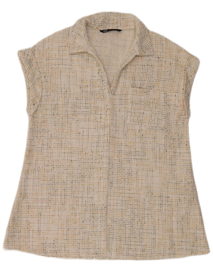 Zara Womens Sleeveless Polo Shirt UK 14 Medium Off White Flecked Polyester