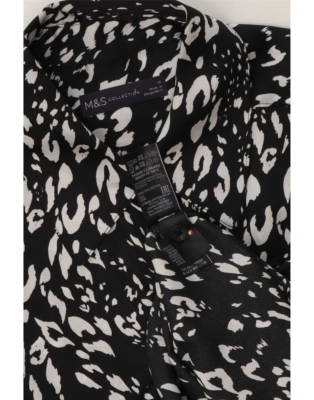 Marks & Spencer Womens Shirt Blouse UK 12 Medium Black Animal Print