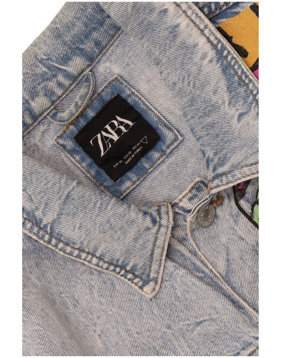 Zara Mens Distressed Graphic Denim Jacket UK 42 XL Blue