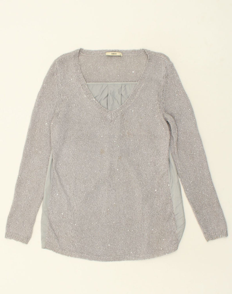 OASIS Womens V-Neck Jumper Sweater UK 14 Medium Grey Polyester | Vintage Oasis | Thrift | Second-Hand Oasis | Used Clothing | Messina Hembry 