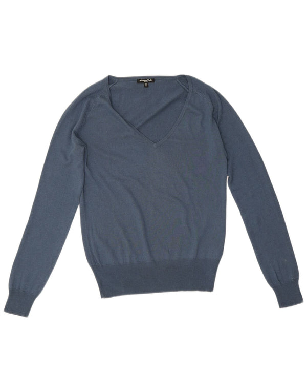 Massimo Dutti Womens V-Neck Jumper Sweater UK 12 Medium Blue Silk