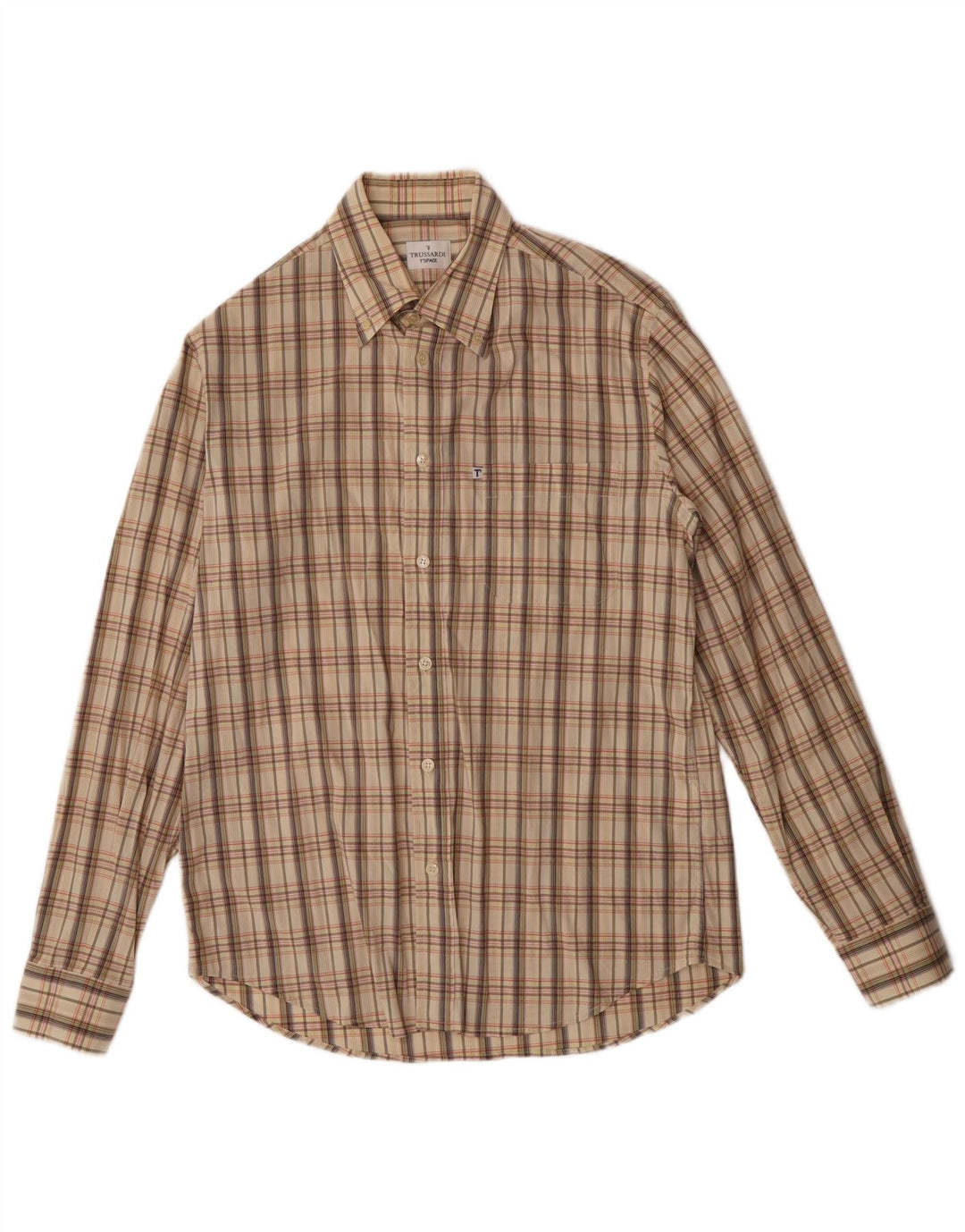 Trussardi Mens Checked  Shirt Large Beige Check Cotton