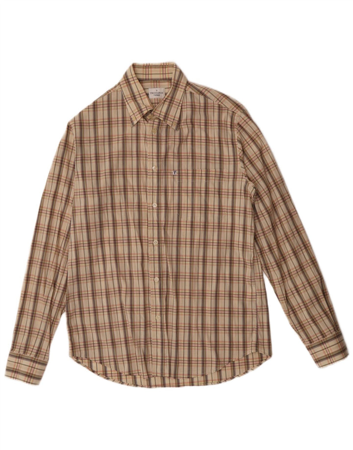 Trussardi Mens Checked  Shirt Large Beige Check Cotton