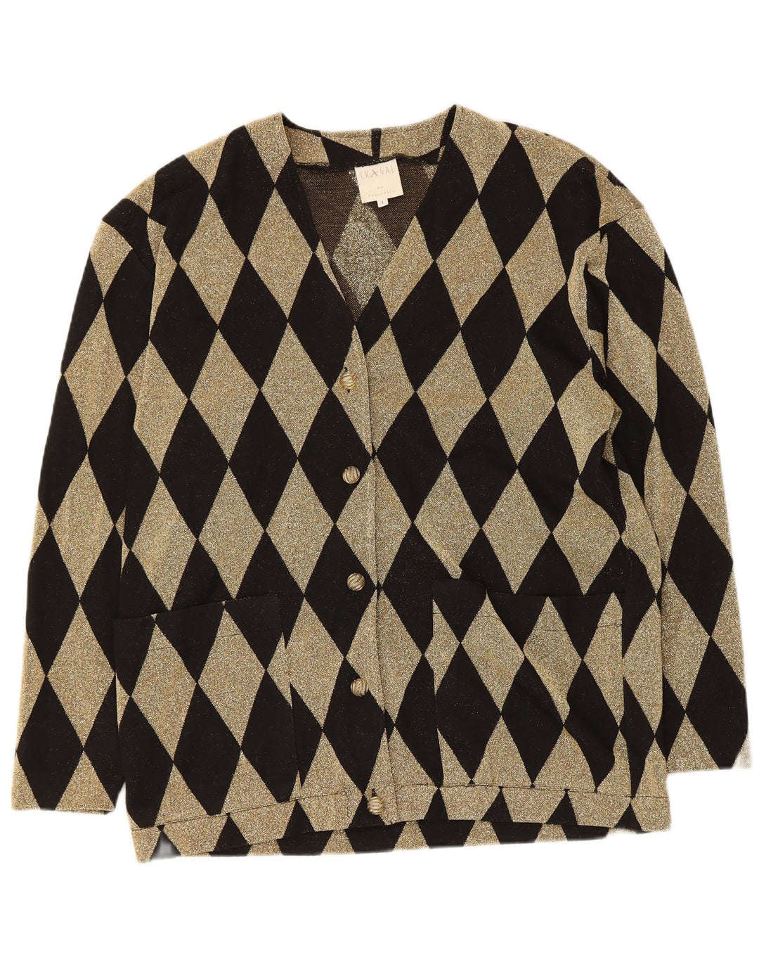 Vintage Womens Oversized Cardigan Sweater UK 16 Large Black Argyle/Diamond