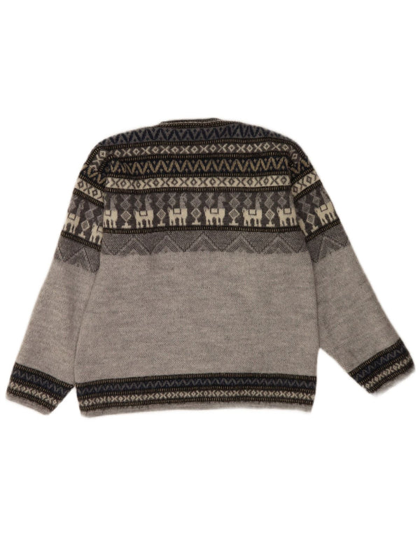 Artesanias Womens Boat Neck Jumper Sweater UK 10 Small Grey Fair Isle Wool
