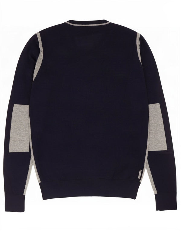 Armani Mens Slim Fit V-Neck Jumper Sweater XL Navy Blue Colourblock