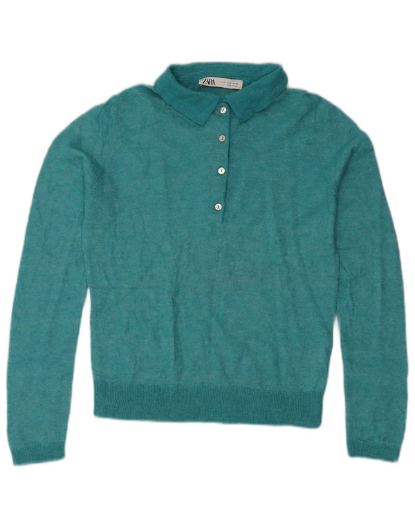 Zara Womens Polo Neck Jumper Sweater UK 10 Small Turquoise Nylon