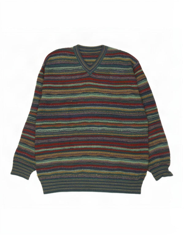 Vintage Mens V-Neck Jumper Sweater Large Green Striped Wool