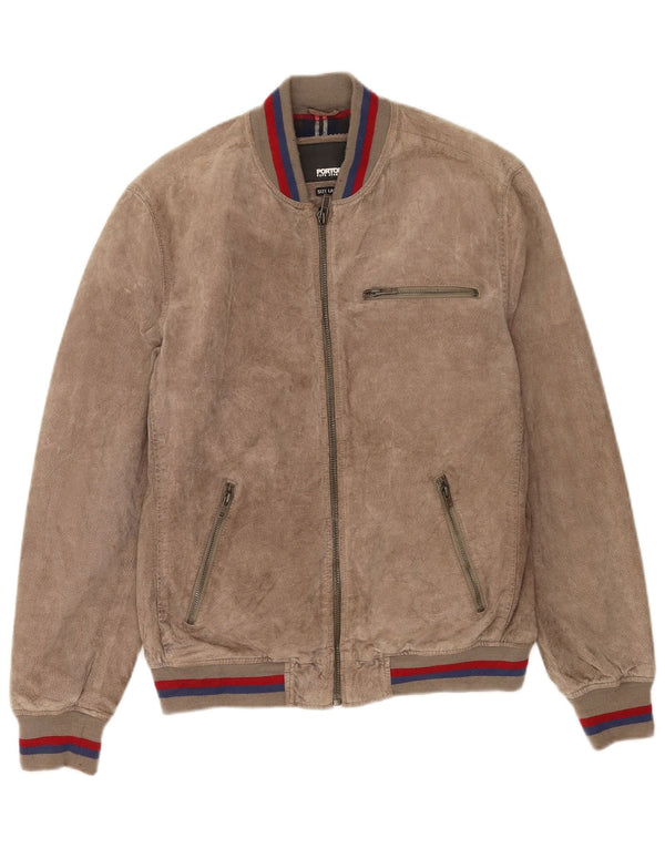 PEPE Jeans Mens Suede Bomber Jacket UK 40 Large Beige Leather