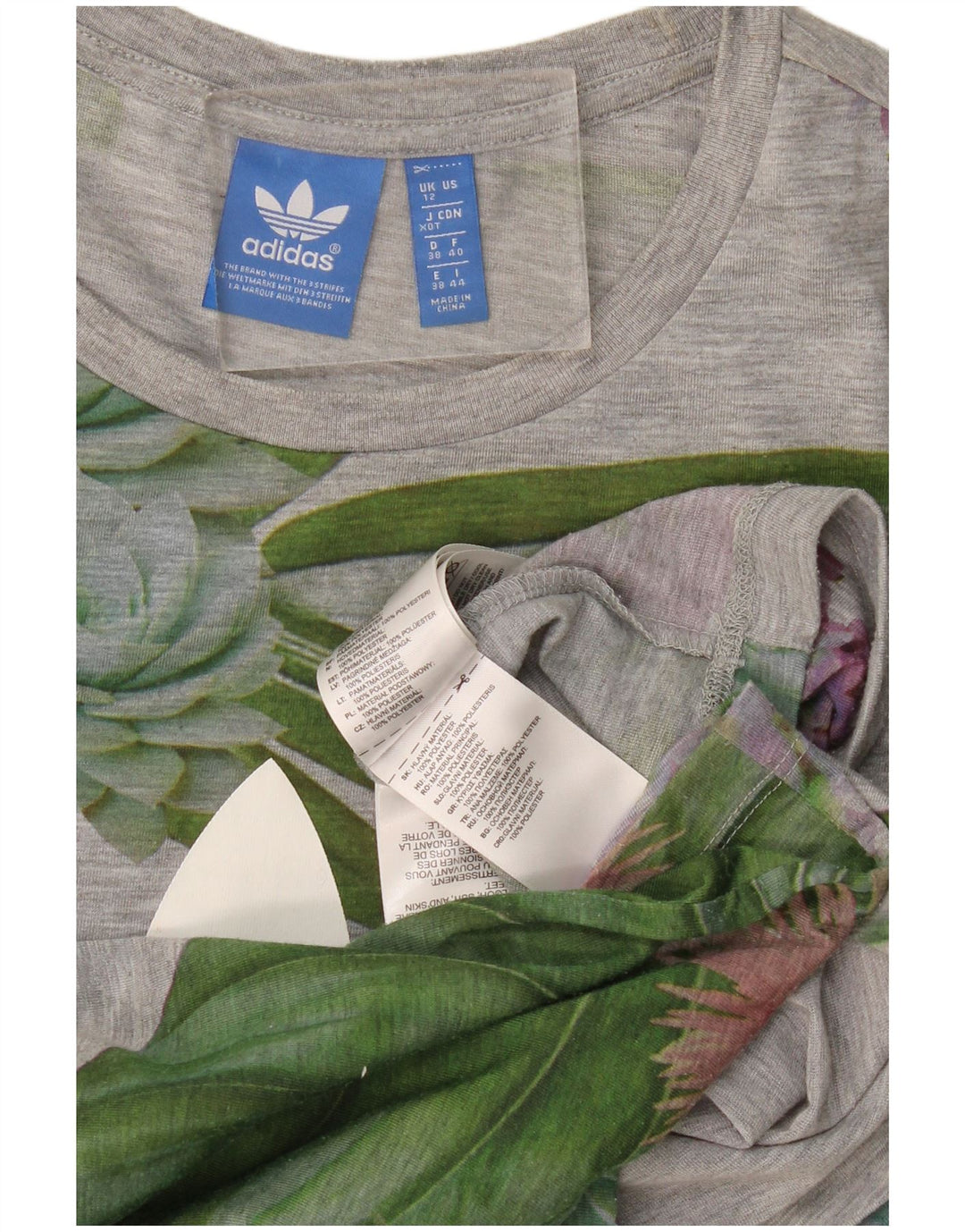 Adidas Womens Graphic T-Shirt Top UK 12 Medium Grey Floral Polyester