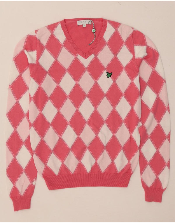 Lyle & Scott Womens V-Neck Jumper Sweater UK 10 Small Pink Argyle/Diamond