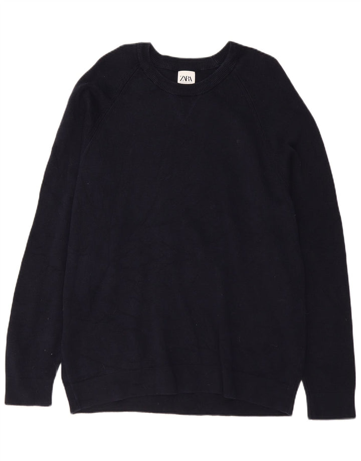 ZARA Mens Boat Neck Jumper Sweater XL Navy Blue Cotton