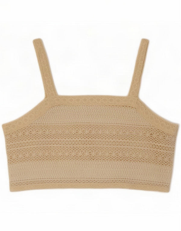 Vintage Womens Crochet Crop Top UK 12 Medium Beige