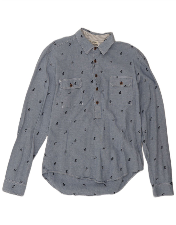 Zara Mens Slim Fit Pullover Shirt Large Blue Spotted Cotton