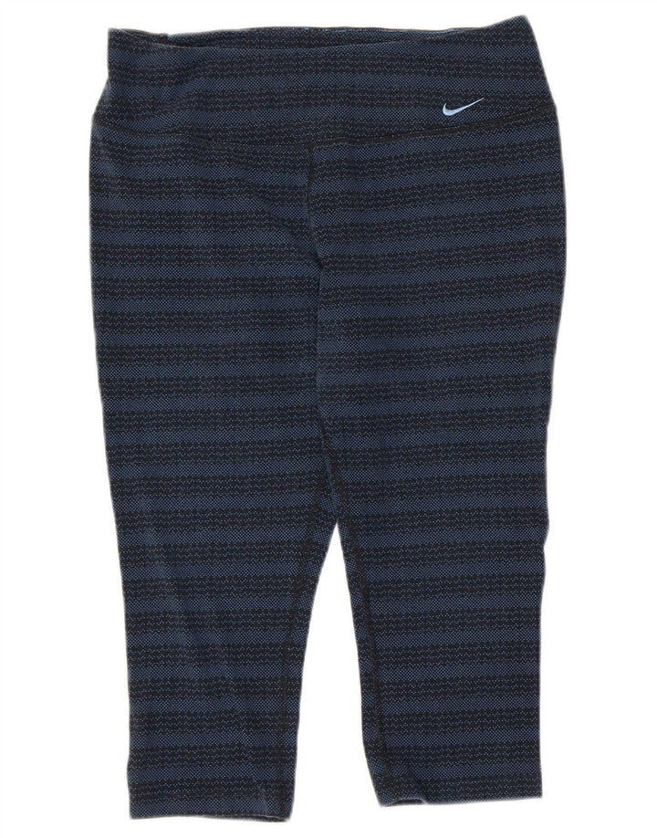 NIKE Womens Dri Fit Capri Leggings UK 14 Large  Navy Blue Striped Cotton