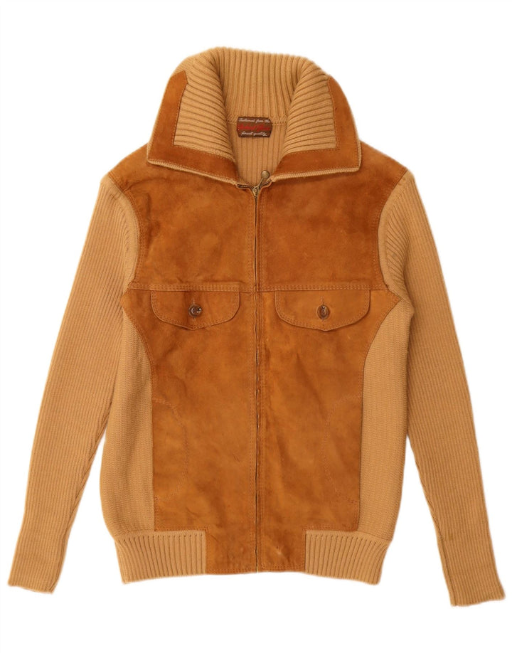 VINTAGE Womens Suede Cardigan Sweater UK 12 Medium Beige Colourblock