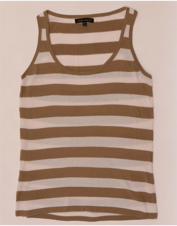 Laura Ashley Womens See Through Vest Top UK 12 Medium Khaki Striped Cotton