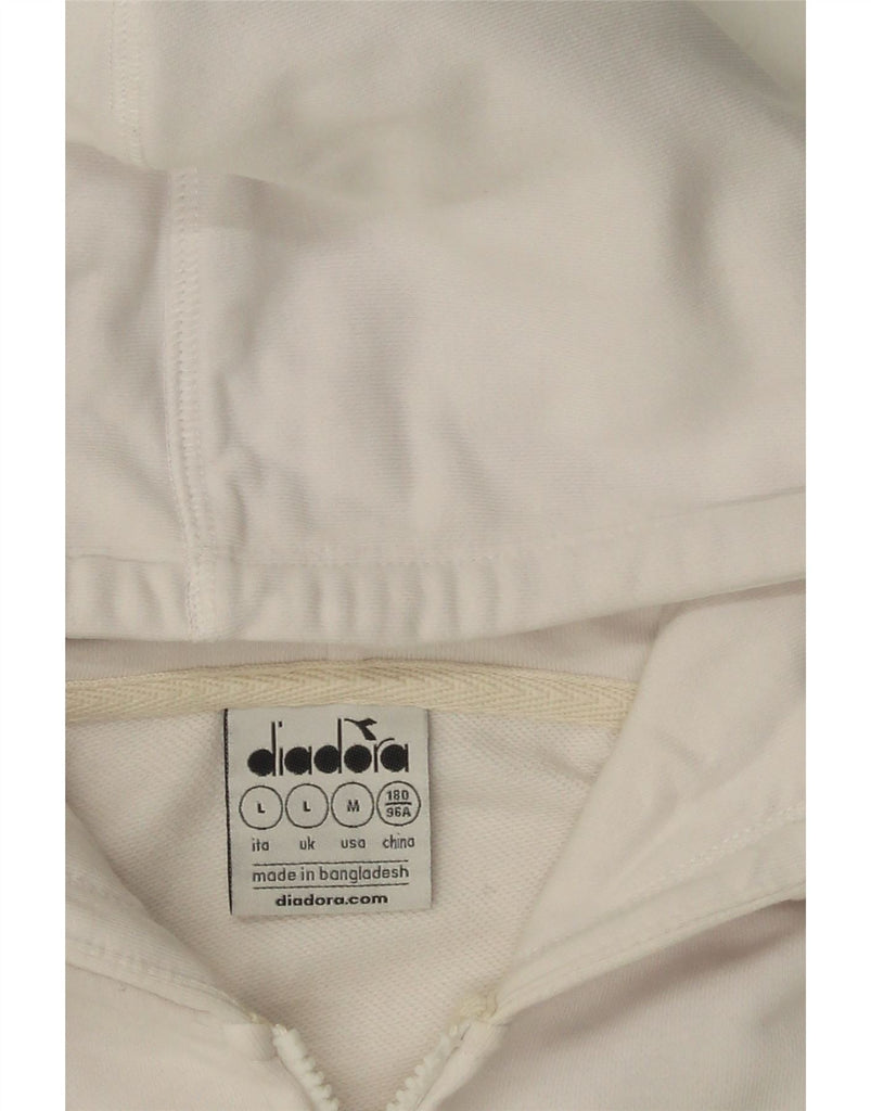 DIADORA Womens Graphic Zip Hoodie Sweater UK 16 Large White Cotton Vintage Diadora and Second-Hand Diadora from Messina Hembry 