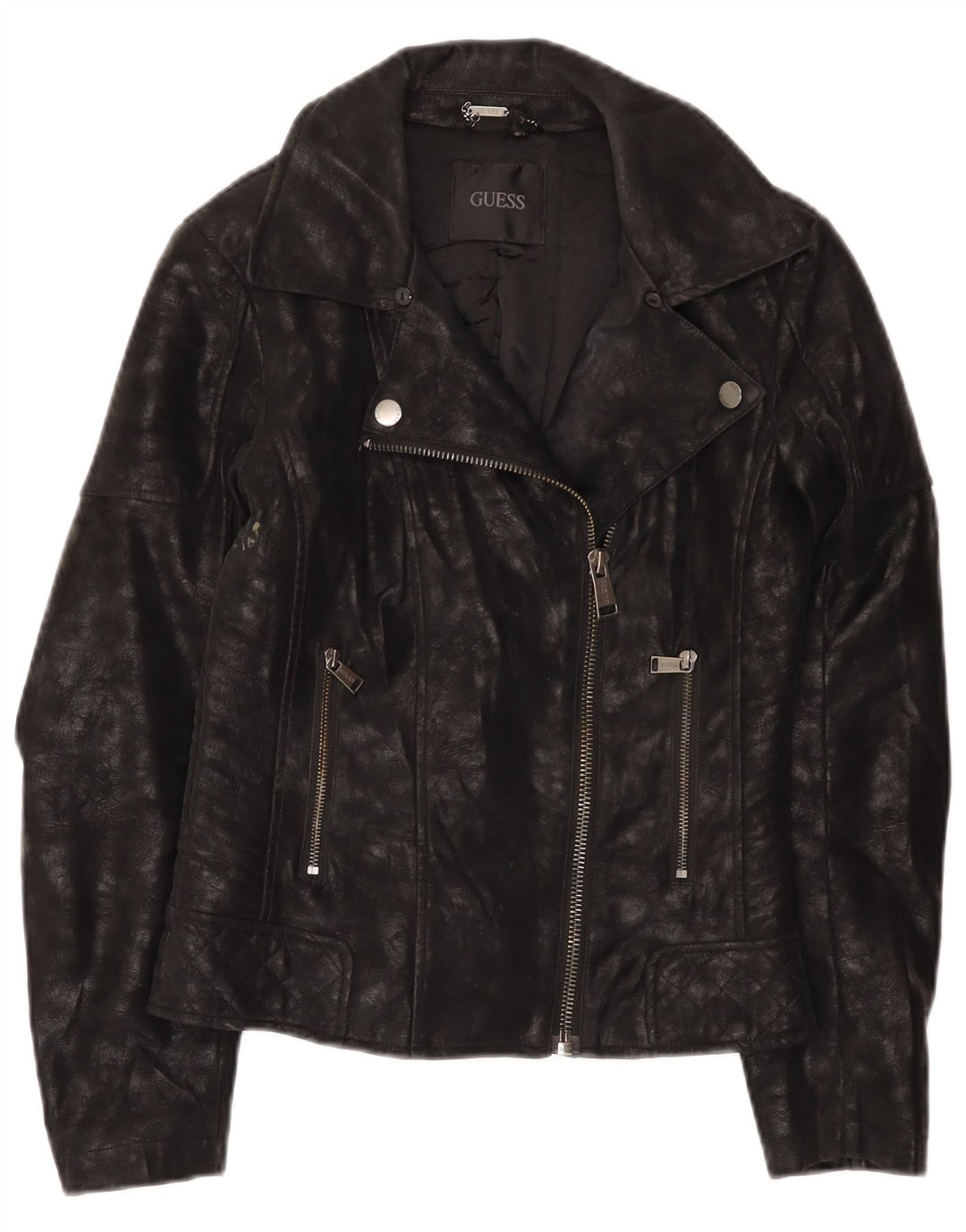 Guess Womens Faux Leather Biker Jacket UK 4 XS Black Polyurethane