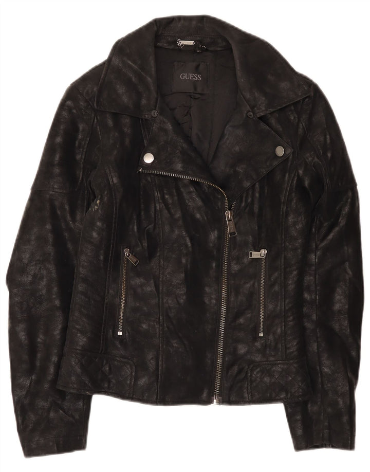 Guess Womens Faux Leather Biker Jacket UK 4 XS Black Polyurethane