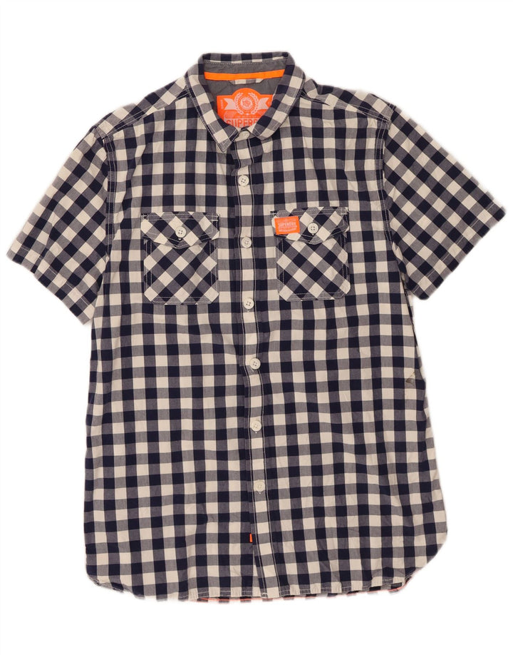 SUPERDRY Mens Short Sleeve Shirt XL Navy Blue Gingham Cotton