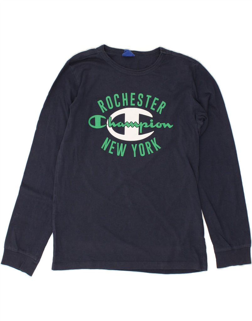 CHAMPION Boys New York Graphic Top Long Sleeve 11-12 Years Large Navy Blue | Vintage Champion | Thrift | Second-Hand Champion | Used Clothing | Messina Hembry 