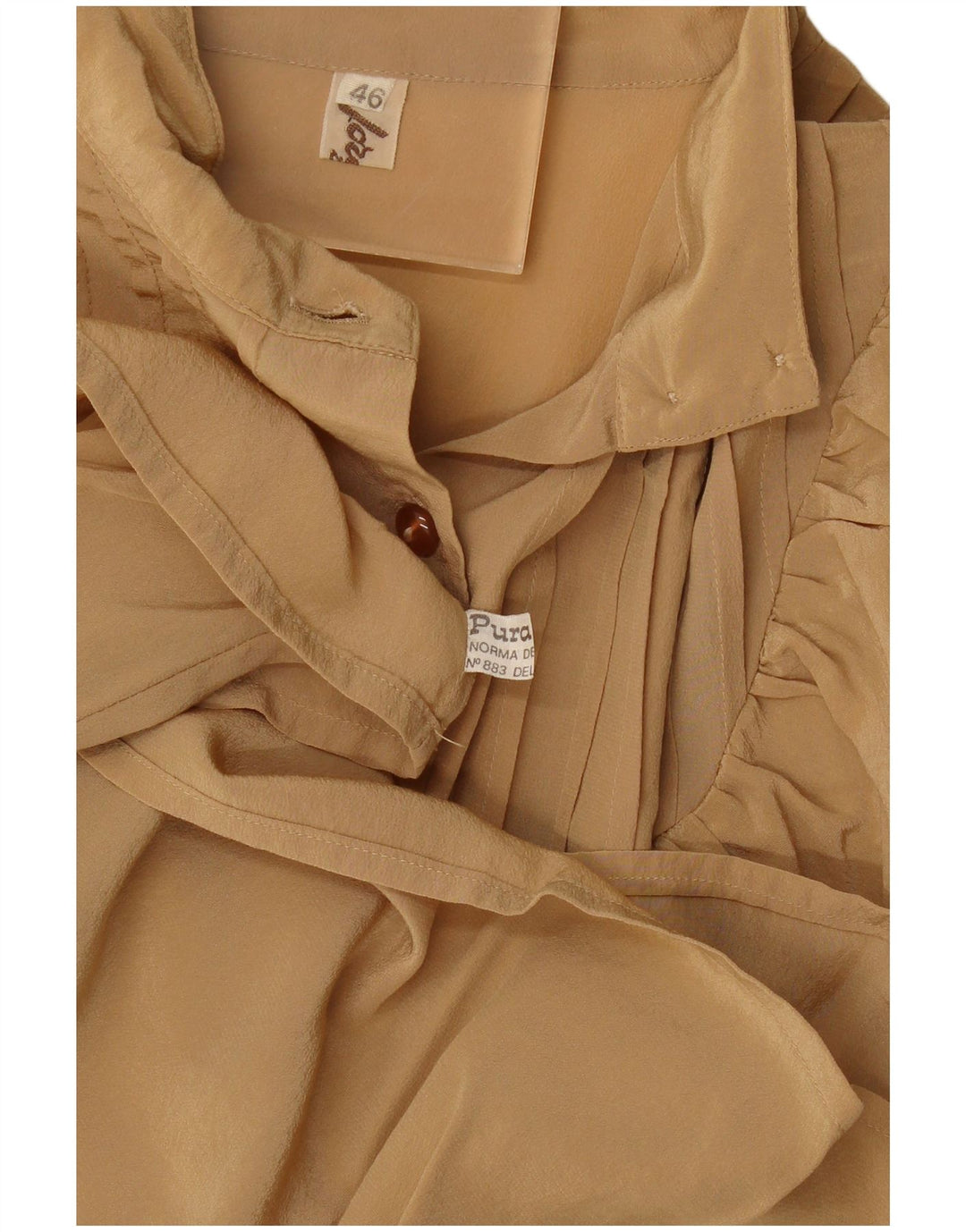 Vintage Womens Long Sleeve Ruffle Front Blouse Top IT 46 Large Beige Silk