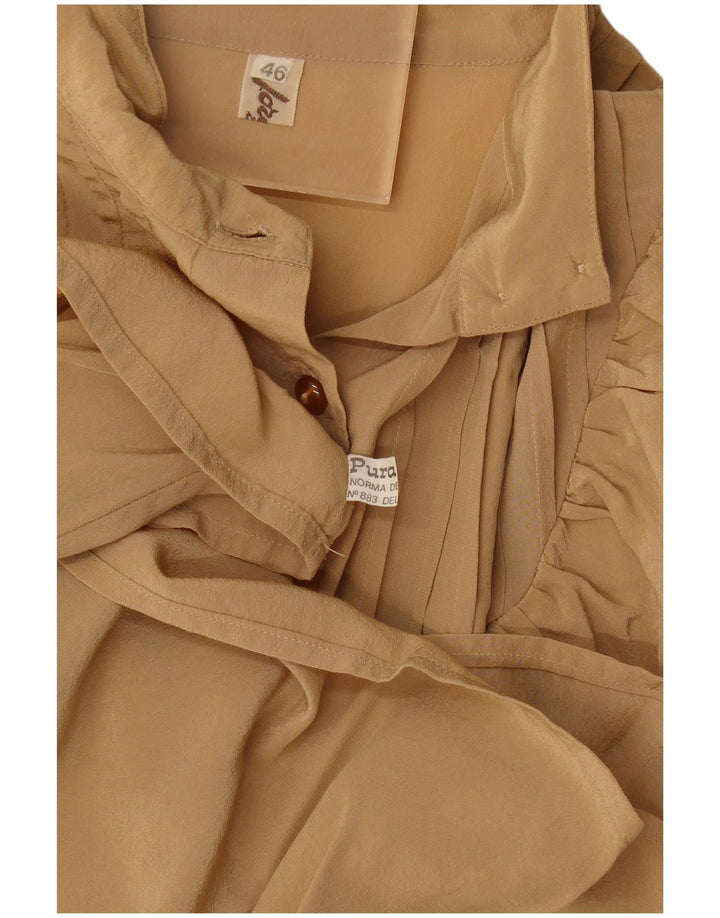 Vintage Womens Long Sleeve Ruffle Front Blouse Top IT 46 Large Beige Silk