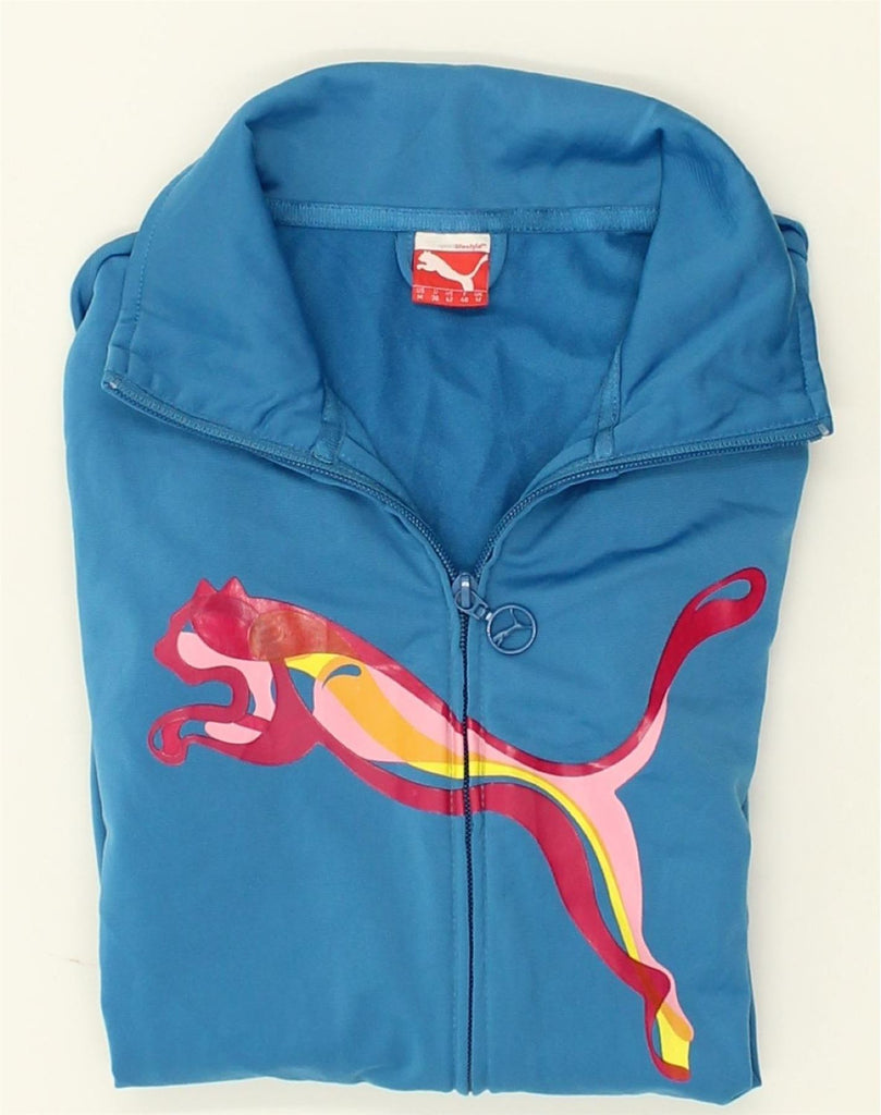 PUMA Womens Graphic Tracksuit Top Jacket UK 12 Medium Blue Polyester | Vintage Puma | Thrift | Second-Hand Puma | Used Clothing | Messina Hembry 