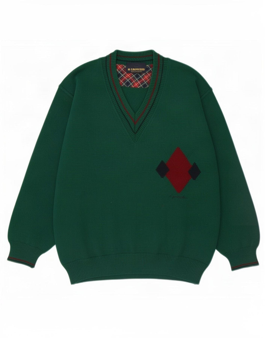 Il Granchio Mens V-Neck Jumper Sweater Large Green Argyle/Diamond Wool