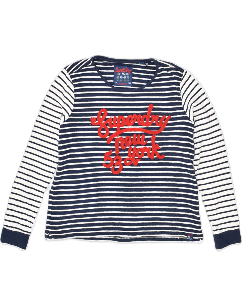 SUPERDRY Womens Graphic Top Long Sleeve UK 12 Medium Navy Blue Striped | Vintage Superdry | Thrift | Second-Hand Superdry | Used Clothing | Messina Hembry 