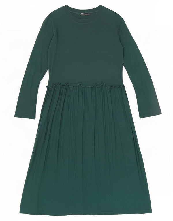 Zara Womens Long Sleeve A-Line Dress UK 14 Medium Green Cotton