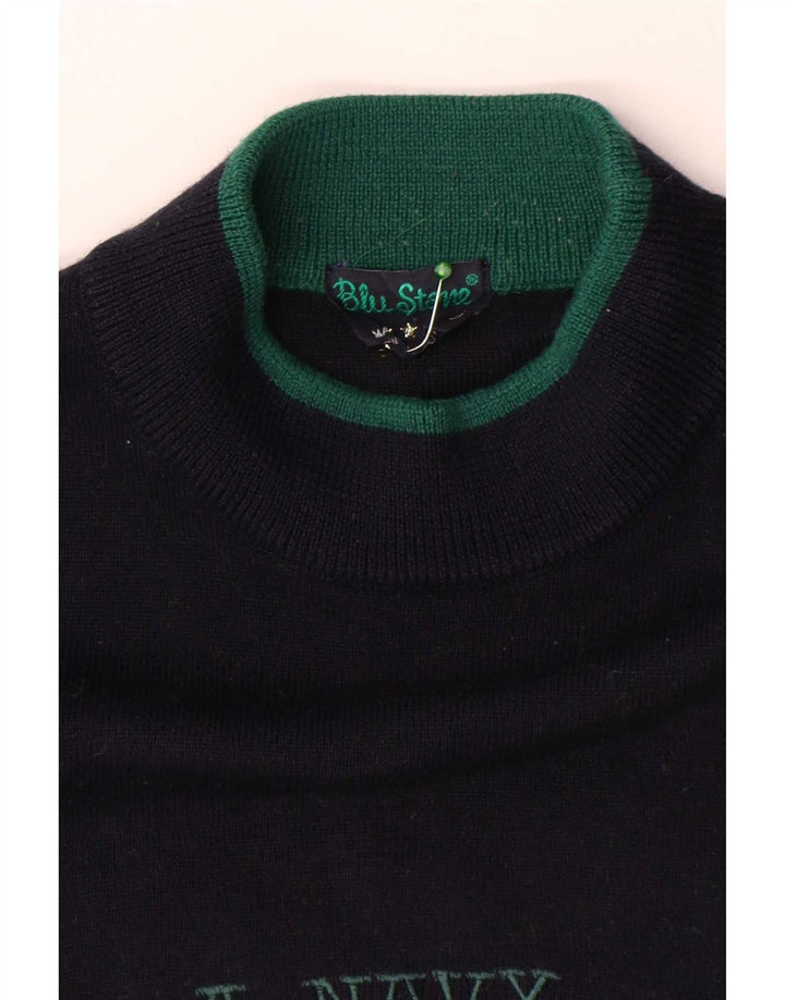 Vintage Mens Graphic Turtle Neck Jumper Sweater Large Navy Blue
