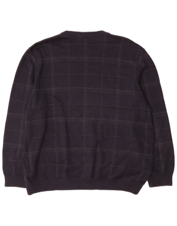 Marks & Spencer Mens Crew Neck Jumper Sweater XL Navy Blue Check Cotton