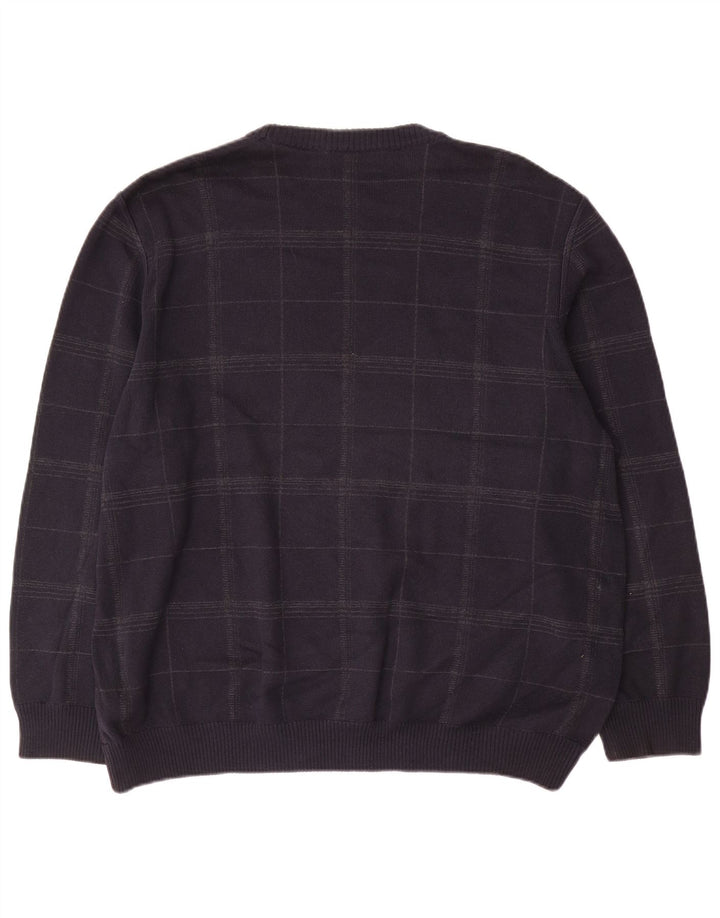Marks & Spencer Mens Crew Neck Jumper Sweater XL Navy Blue Check Cotton