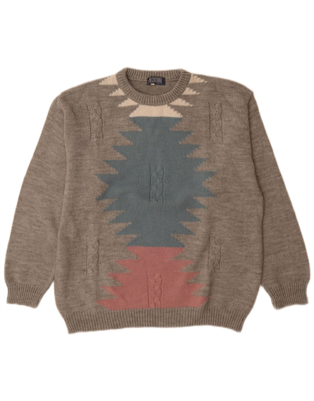 Alcatraz Mens Crew Neck Jumper Sweater Large Grey Geometric Wool