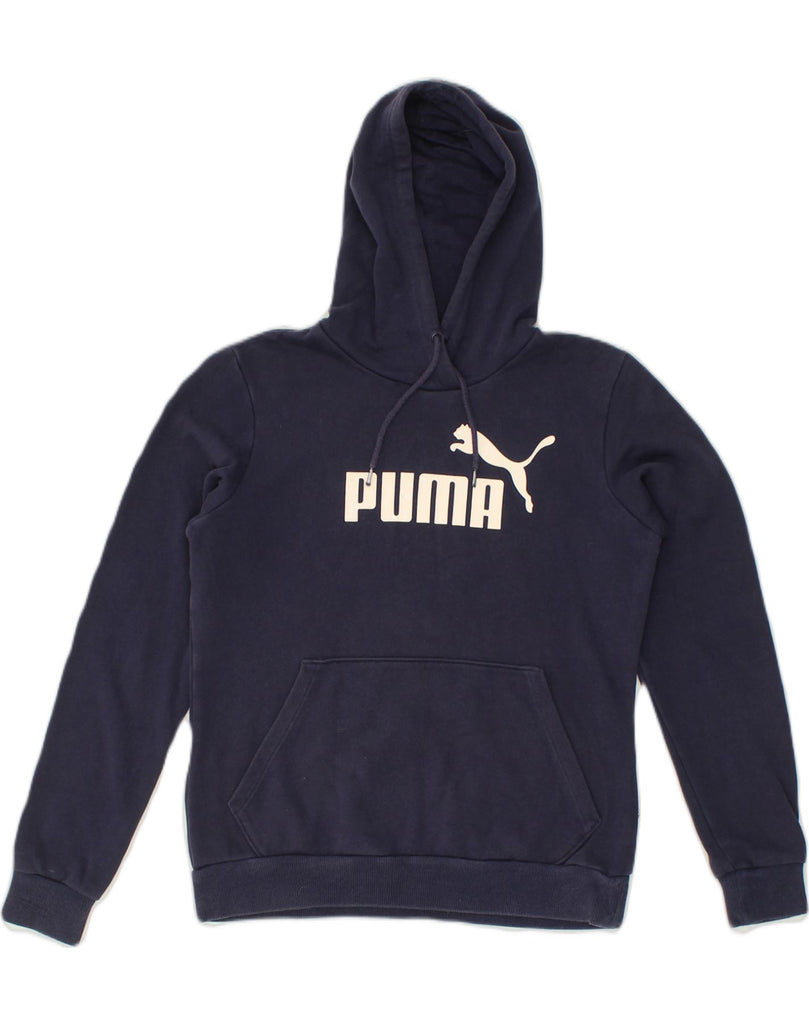 PUMA Womens Graphic Hoodie Jumper UK 12 Medium Navy Blue Cotton | Vintage Puma | Thrift | Second-Hand Puma | Used Clothing | Messina Hembry 