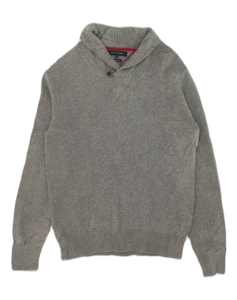 TOMMY HILFIGER Mens Shawl Neck Jumper Sweater Medium Grey Cotton | Vintage Tommy Hilfiger | Thrift | Second-Hand Tommy Hilfiger | Used Clothing | Messina Hembry 