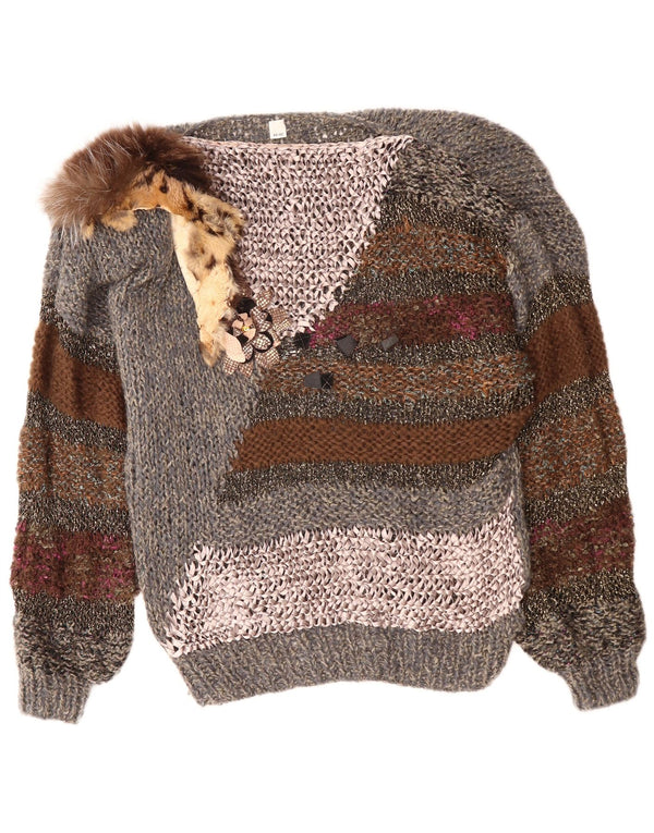 VINTAGE Womens Boat Neck Jumper Sweater EU 40/42 Medium Grey Colourblock