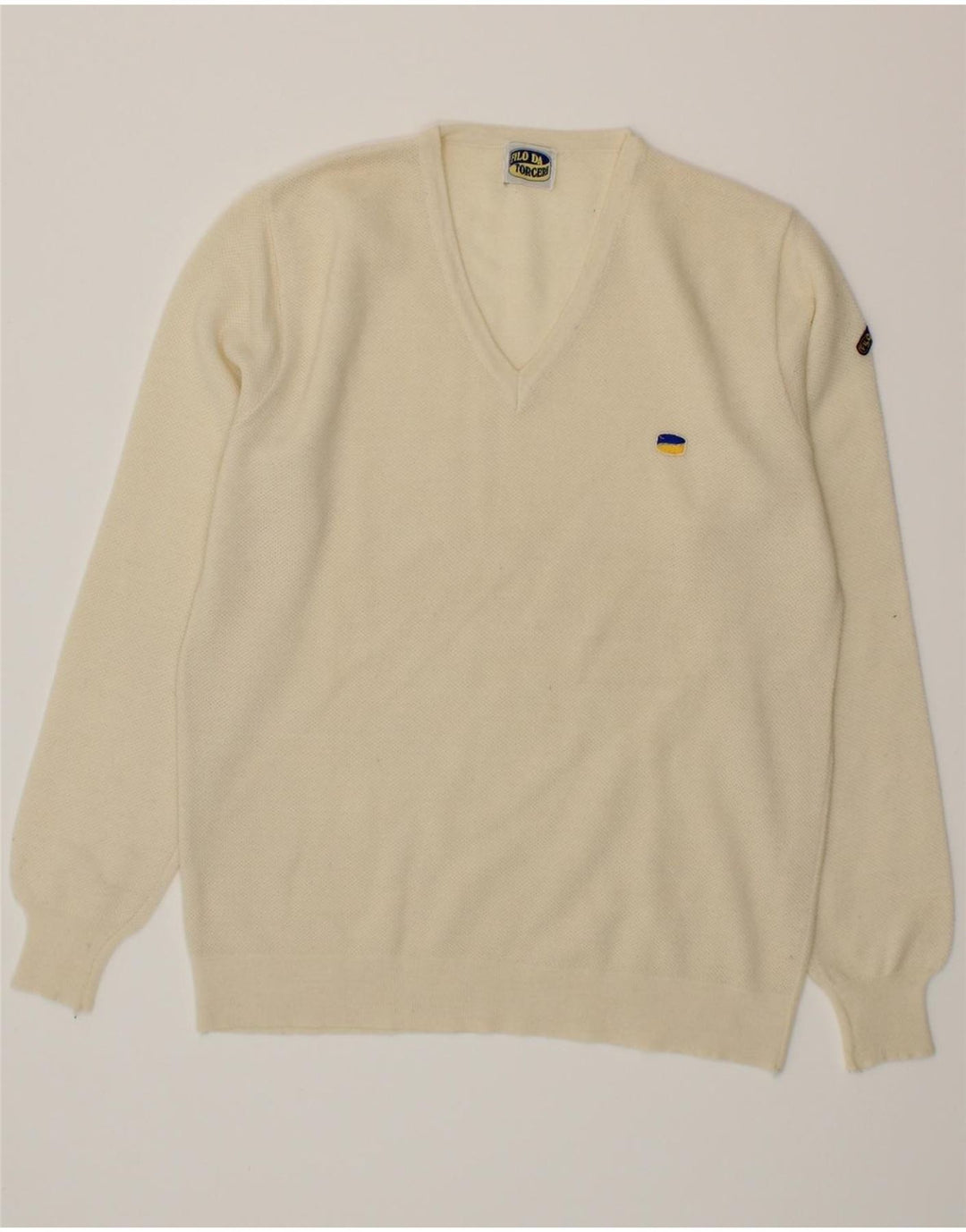 VINTAGE Mens Graphic V-Neck Jumper Sweater Medium Off White Wool Vintage Vintage and Second-Hand Vintage from Messina Hembry 