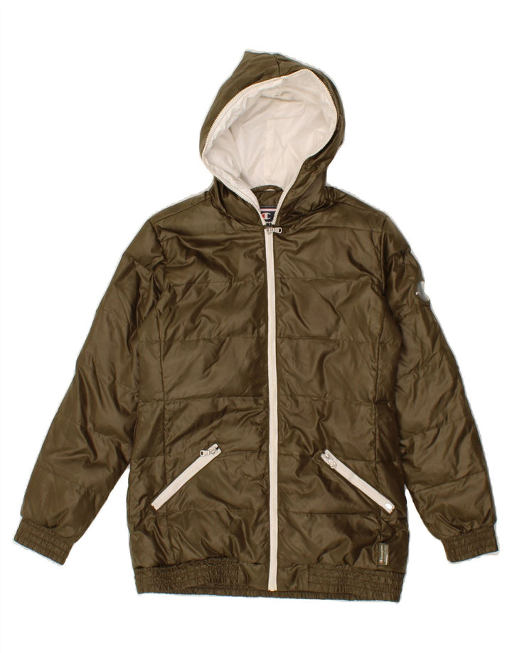 CHAMPION Girls Hooded Padded Jacket 11-12 Years L Khaki Polyester Vintage Champion and Second-Hand Champion from Messina Hembry 