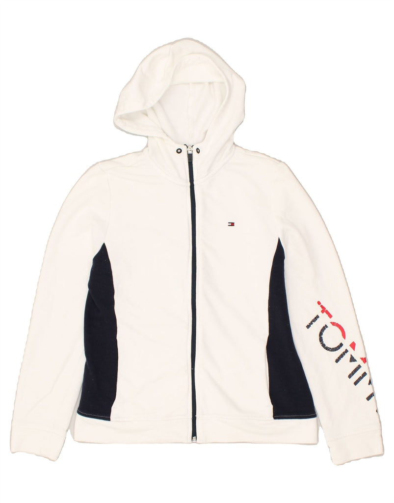 TOMMY HILFIGER Womens Graphic Zip Hoodie Sweater UK 12 Medium White | Vintage Tommy Hilfiger | Thrift | Second-Hand Tommy Hilfiger | Used Clothing | Messina Hembry 